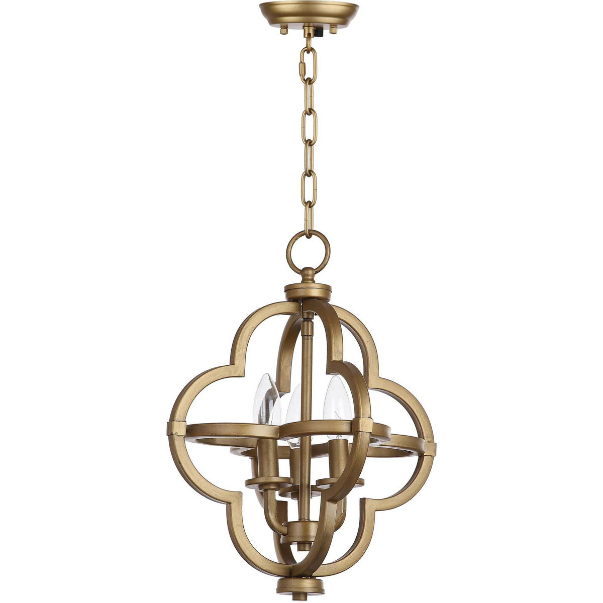 Curved brass-finished bands frame three clear candle bulbs beneath a matching chain and canopy. || LIT4372A || front_studio