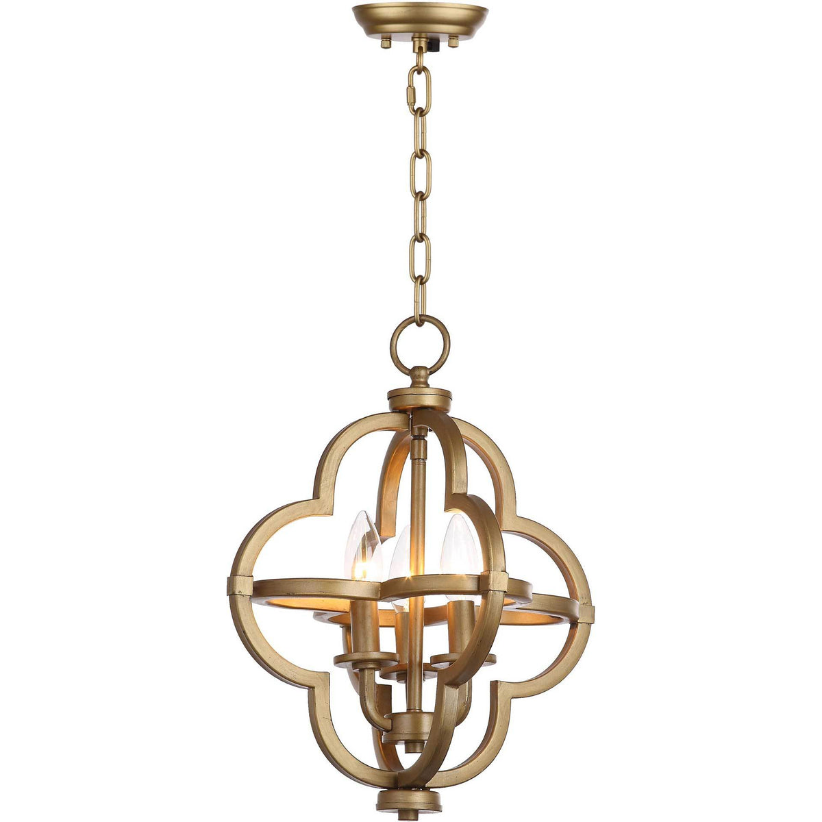 Three glowing candle bulbs illuminate a brass-finished orb pendant with an open quatrefoil cage. || LIT4372A || front_on_studio