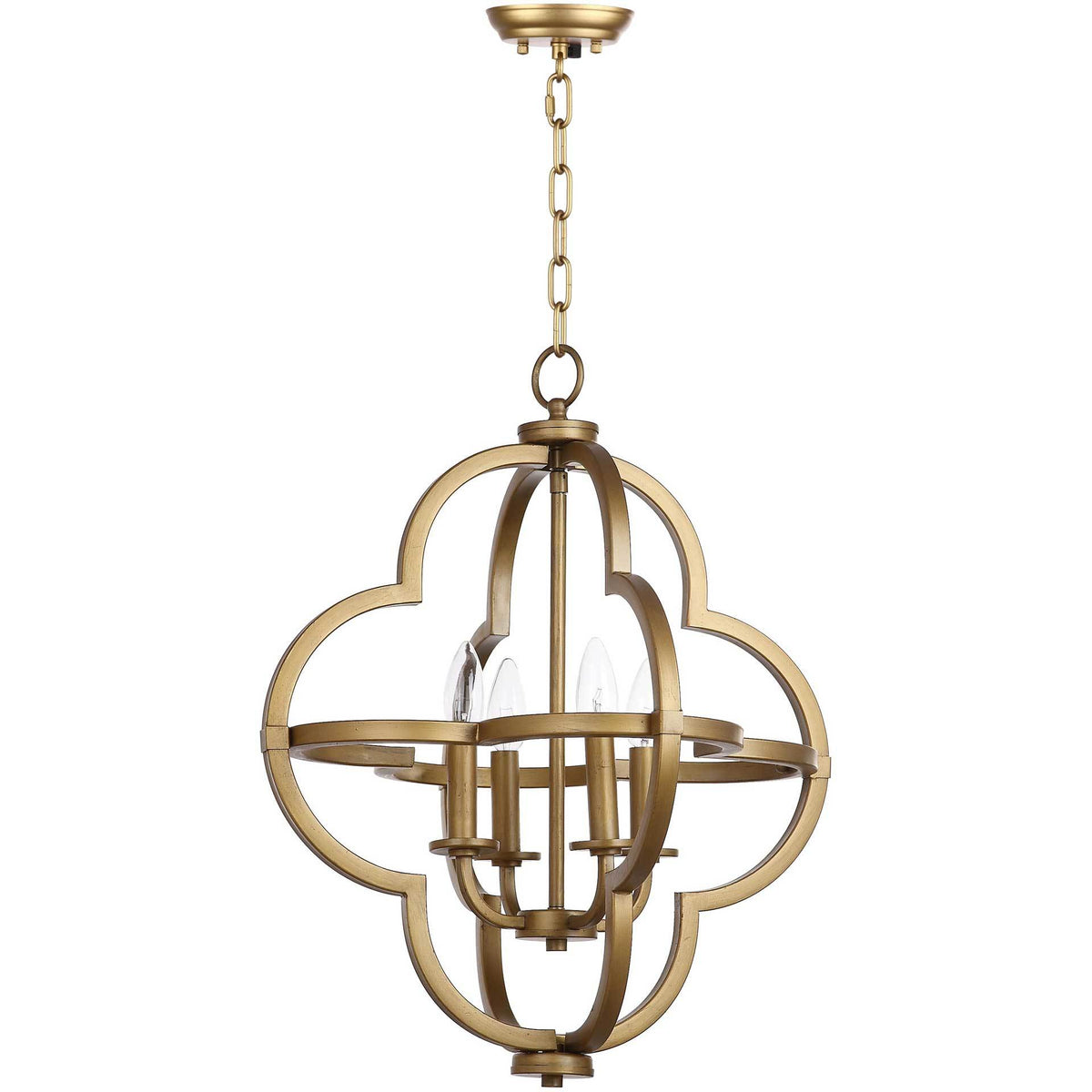Brass-tone orb pendant with a sculptural quatrefoil frame and upward-facing candle bulbs || LIT4373A || front_studio