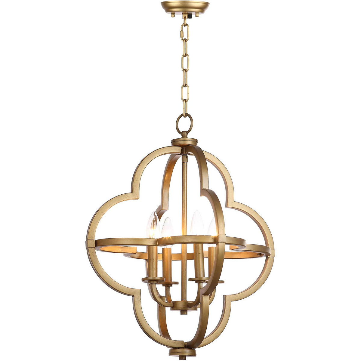 Warm light glows within the brass-tone orb pendant's quatrefoil frame and open metal bands || LIT4373A || front_on_studio