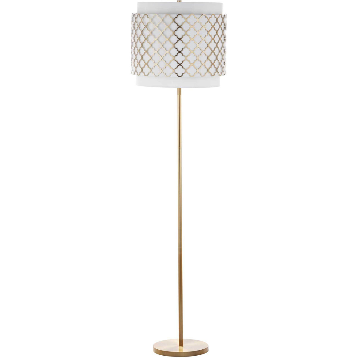An off-white shade with intricate gold latticework tops a slim gold stem and round base || LIT4415A || front_studio