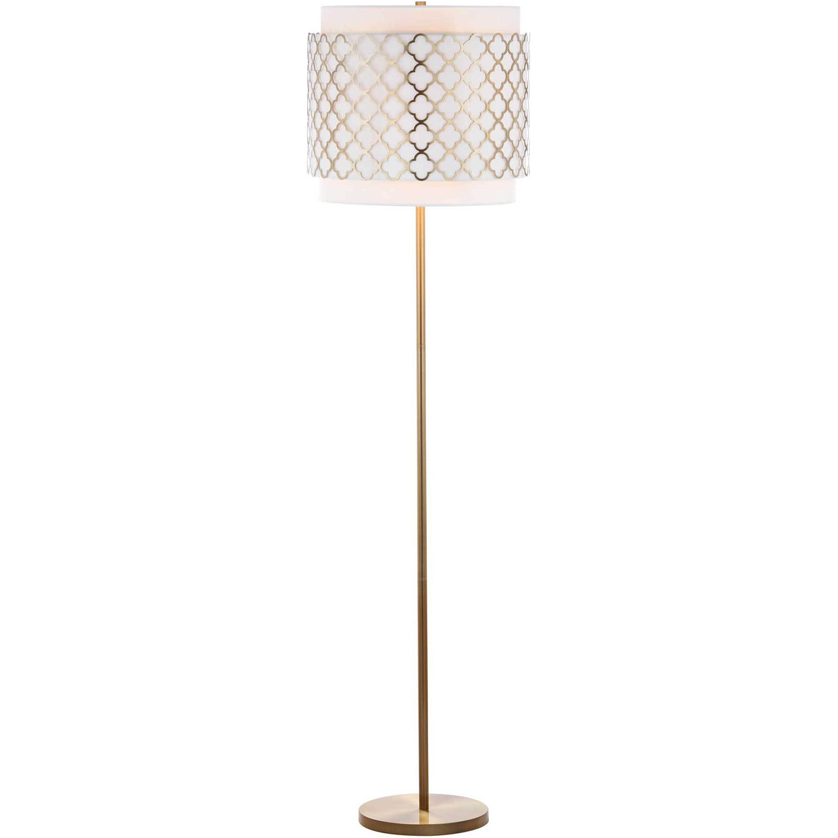 Soft light glows through an off-white shade with gold latticework atop a slender gold stem || LIT4415A || front_on_studio