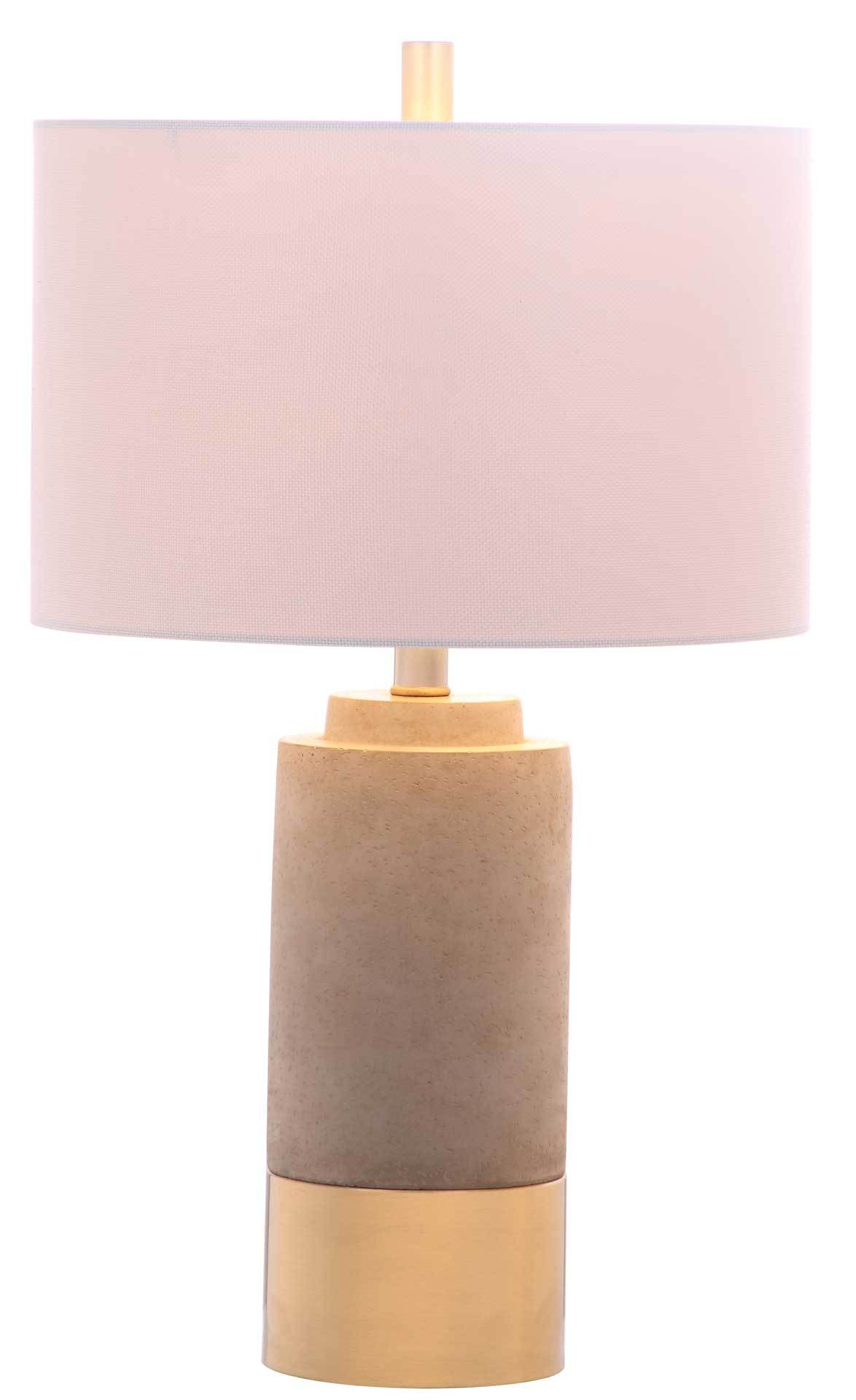A softly glowing white drum shade tops a gray concrete body and gold-tone base.