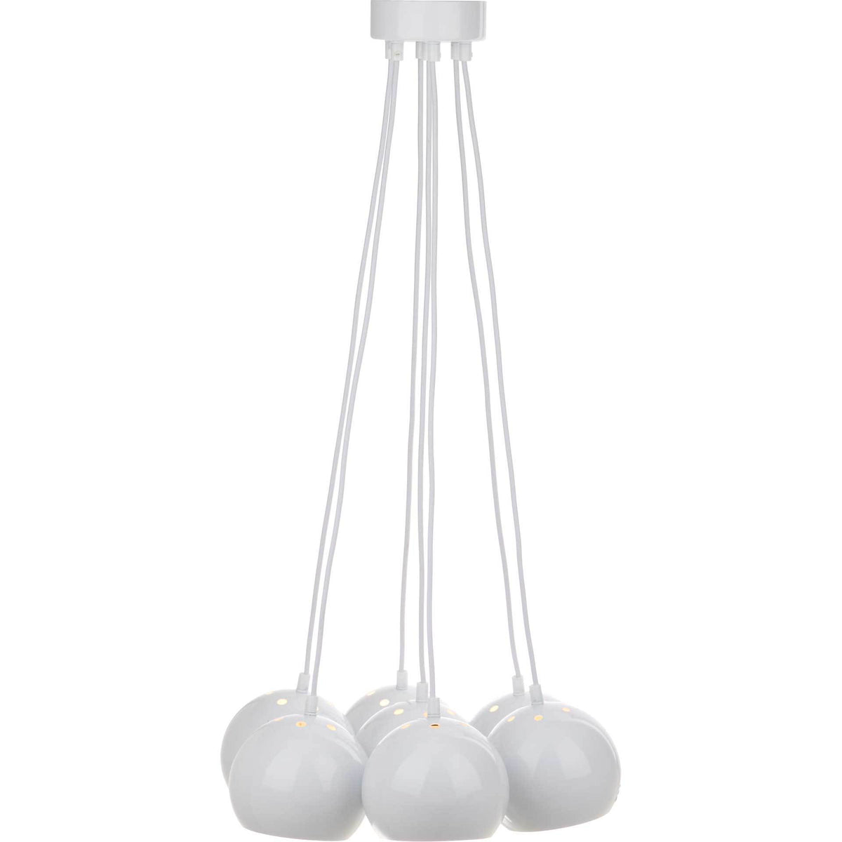 Warm light shines through small openings in clustered white pendant shades