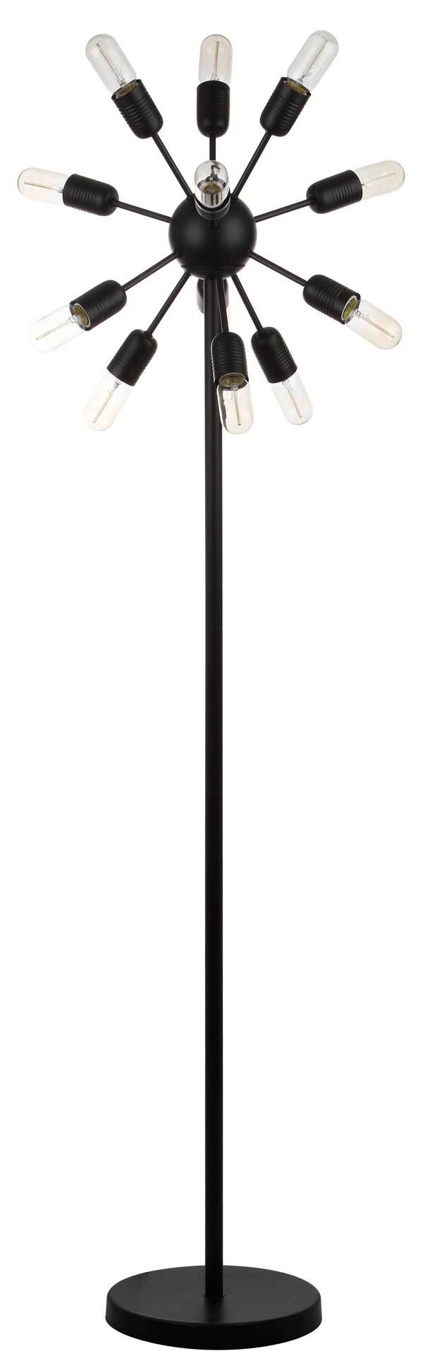 Clear tube bulbs form a starburst above the sleek black stem and round base of this floor lamp. || LIT4474A || front_studio