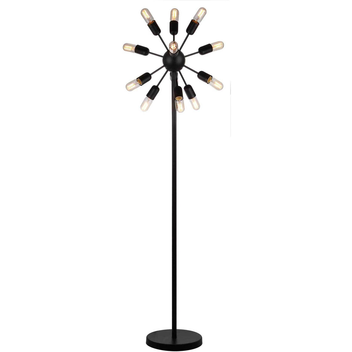Exposed bulbs radiate from a central hub, casting a warm glow above the slim black stem and round base. || LIT4474A || front_on_studio