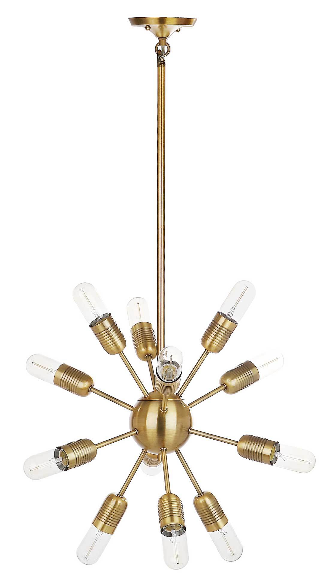 A slim gold stem suspends a starburst of clear tube bulbs on delicate metal arms. || LIT4475B || front_studio