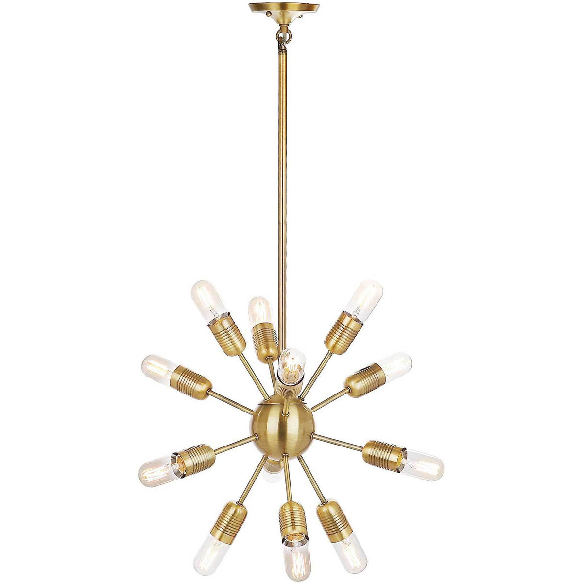 Twelve glowing tube bulbs radiate from a brass-gold center on a modern pendant. || LIT4475B || front_on_studio