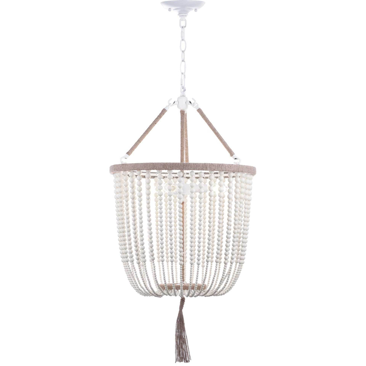 Cream beads hang in graceful rows from a rope-trimmed rim, ending in a contrasting tassel. || LIT4476A || front_studio