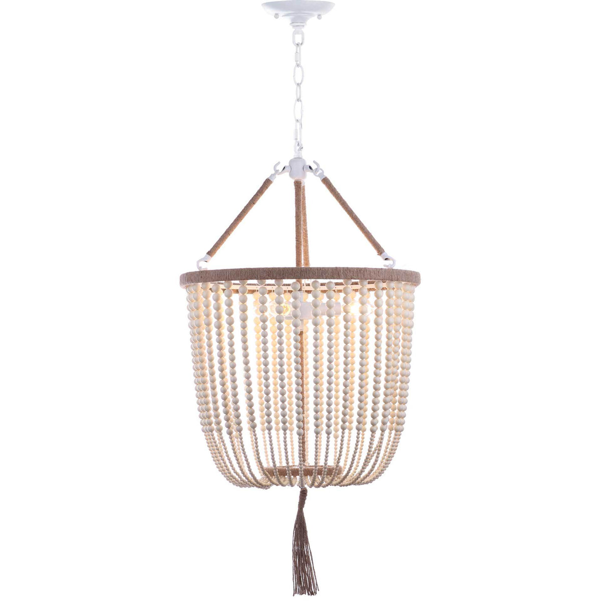 Cream acrylic beads diffuse a warm glow beneath a rope-trimmed rim, with a dark tassel below. || LIT4476A || front_on_studio