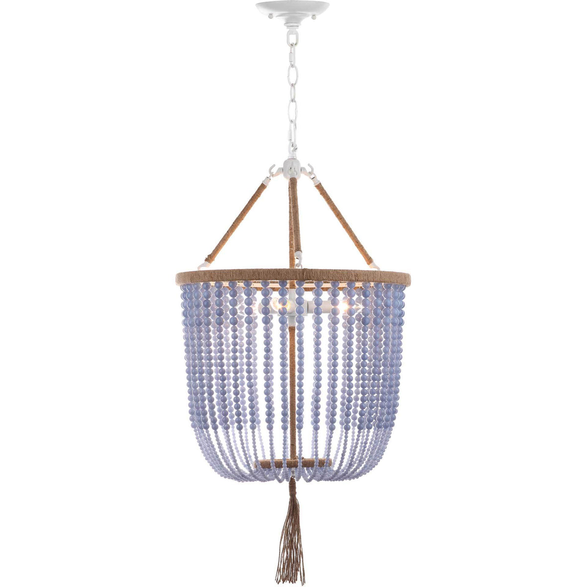 Blue beaded pendant glows softly within a rope-wrapped frame, finished with a long tassel. || LIT4476B || front_on_studio