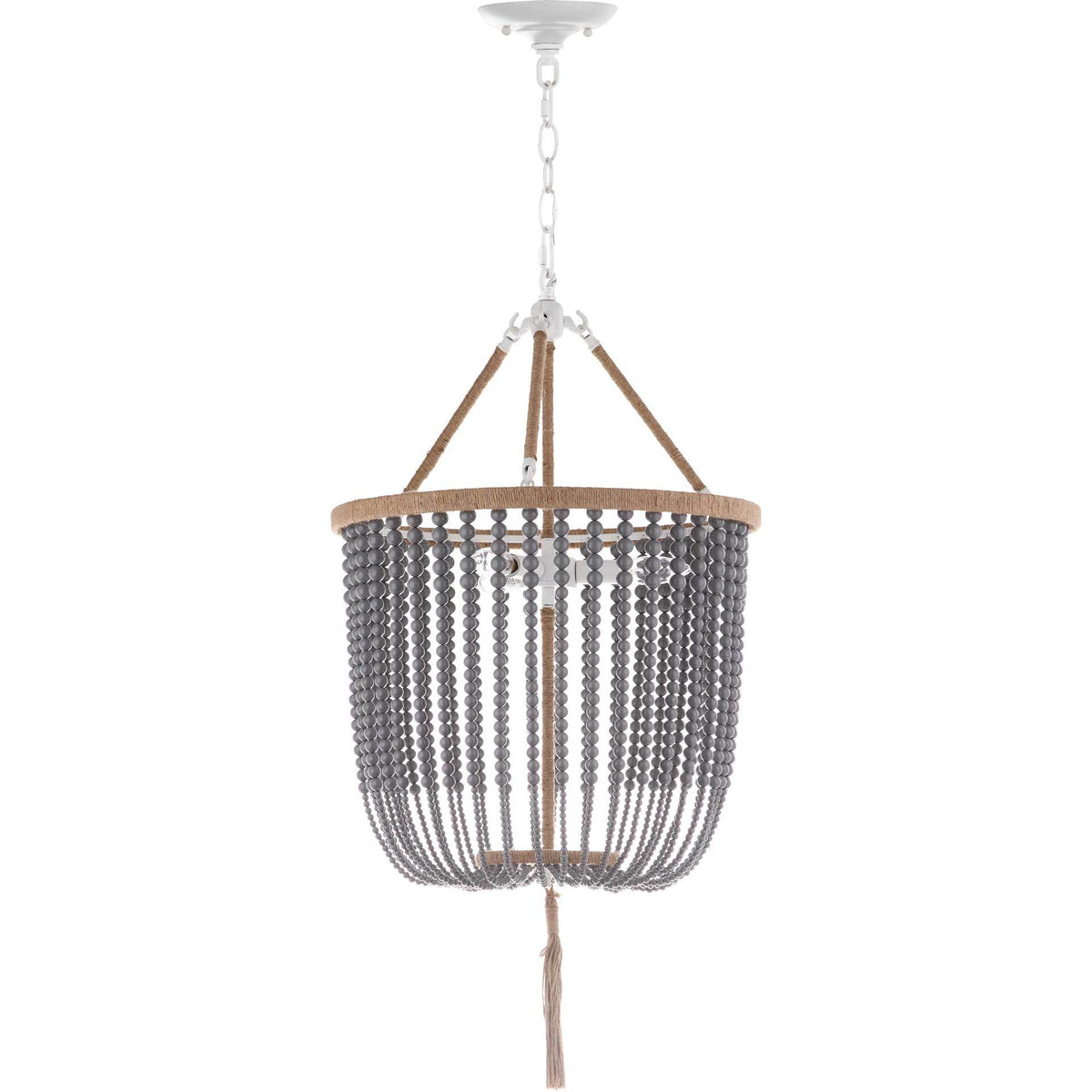 Gray beaded strands sweep toward a rounded base beneath rope-wrapped supports and a long tassel. || LIT4476C || front_studio