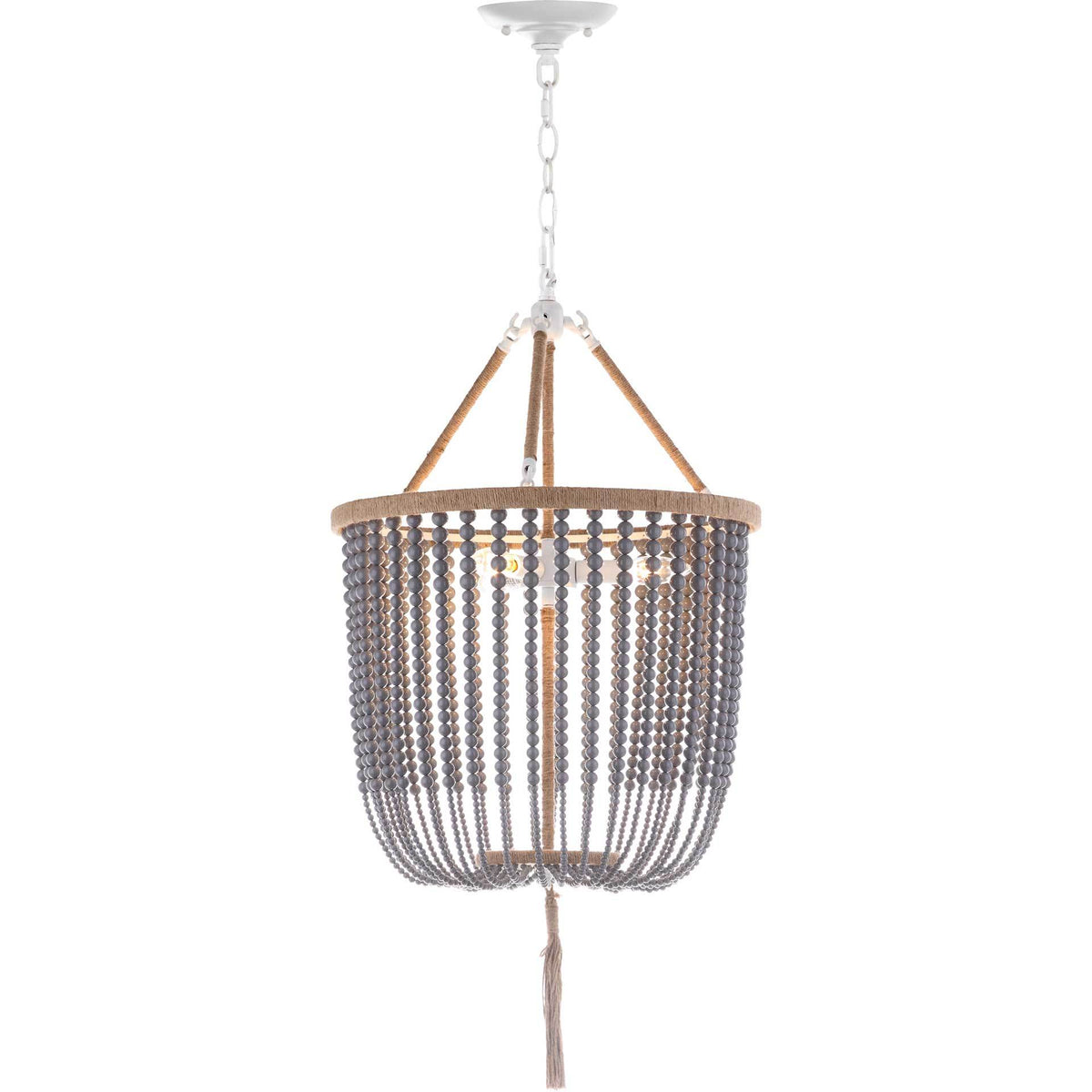 Warm light shines through gray beaded strands framed by rope-wrapped accents and a slim tassel. || LIT4476C || front_on_studio