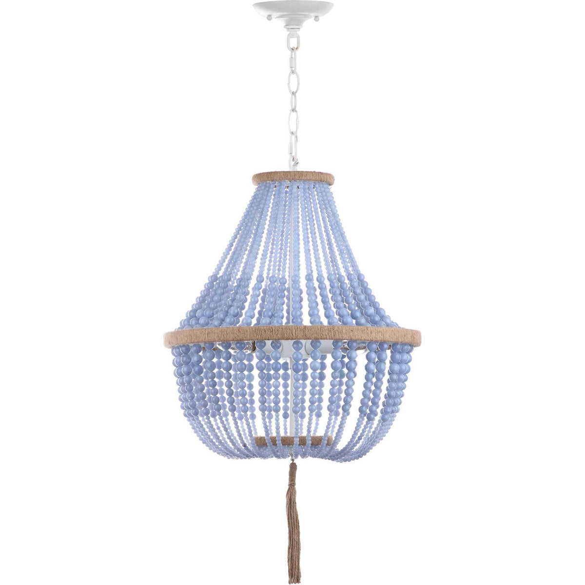 Cascading blue beads form a tapered pendant with a rounded base, white chain, and tassel. || LIT4477A || front_studio