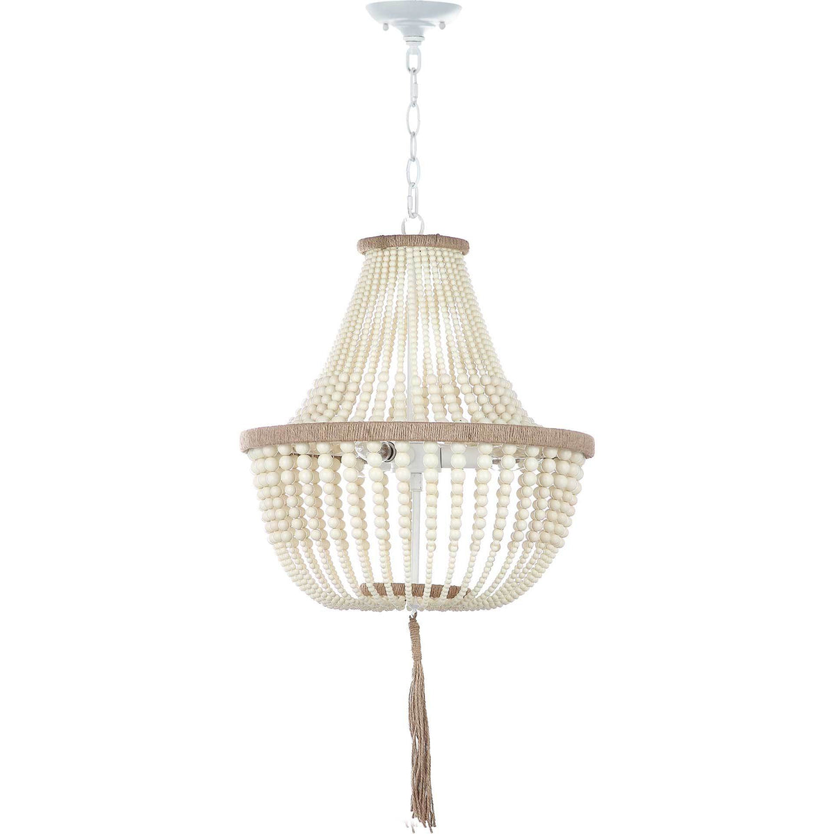 Cream beads drape from a narrow top to a rounded base with textured trim and a dangling tassel. || LIT4477B || front_studio