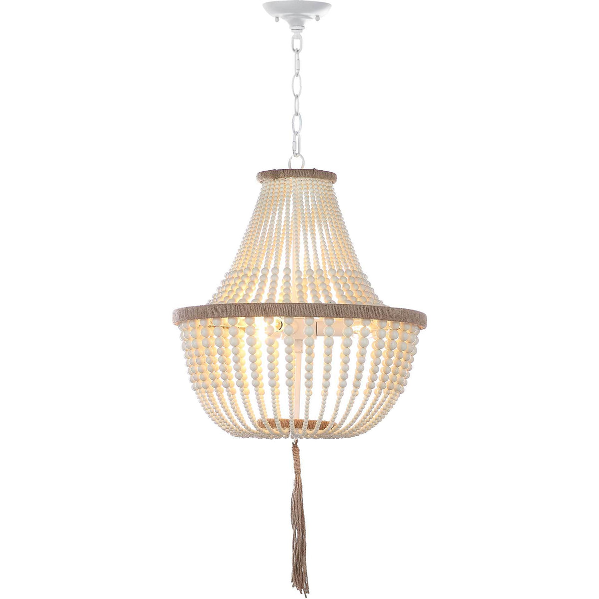Warm light shines through cream bead strands above a rounded base and long tassel. || LIT4477B || front_on_studio