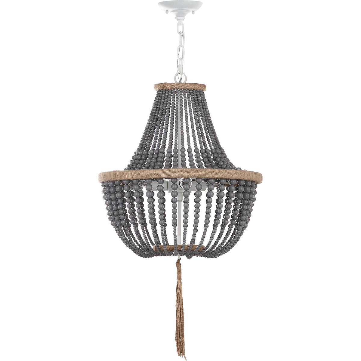 Gray beads sweep from a tapered top into a rounded pendant with textured bands and a long tassel. || LIT4477C || front_studio