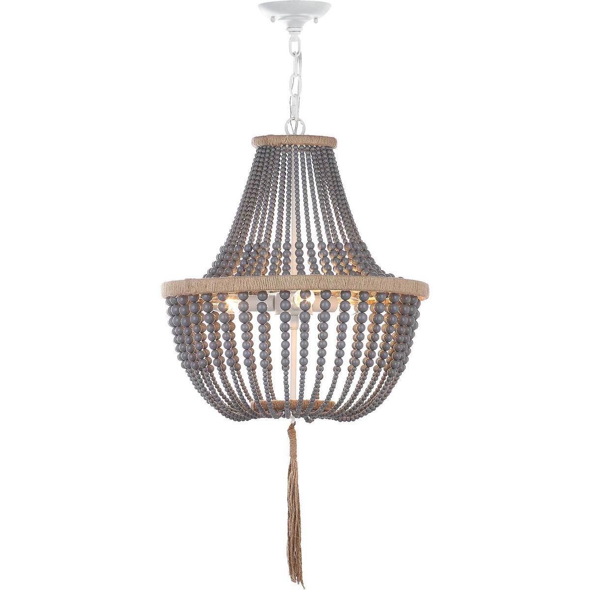 A warm glow shines through gray bead strands beneath a tapered top and textured trim. || LIT4477C || front_on_studio