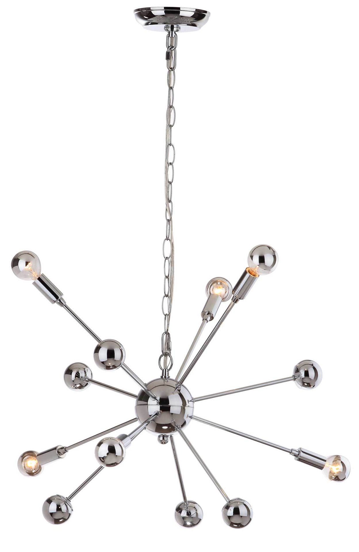 Softly glowing bulbs accent the polished chrome arms and reflective spheres of this pendant.