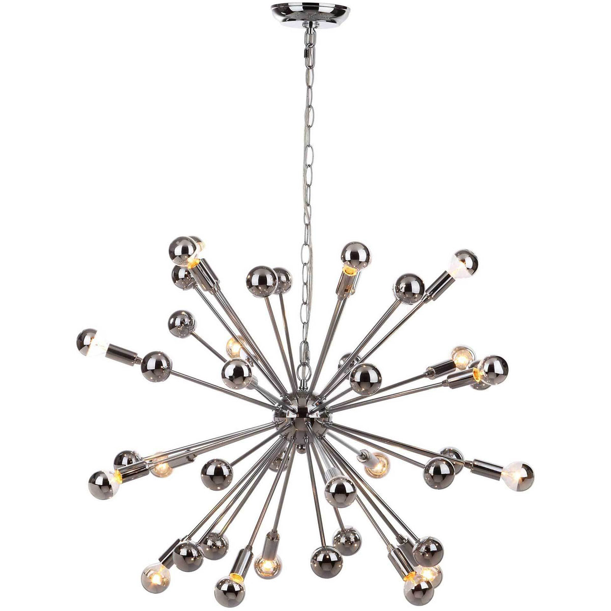 Warm bulbs glow among reflective chrome spheres on the radiating arms of this chain-hung pendant || LIT4495A || front_on_studio