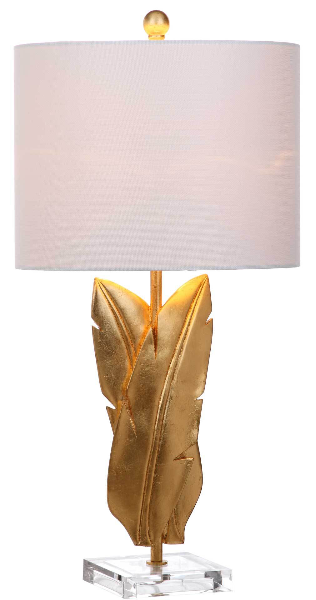 A softly glowing white shade crowns textured gold wings and a clear square base.