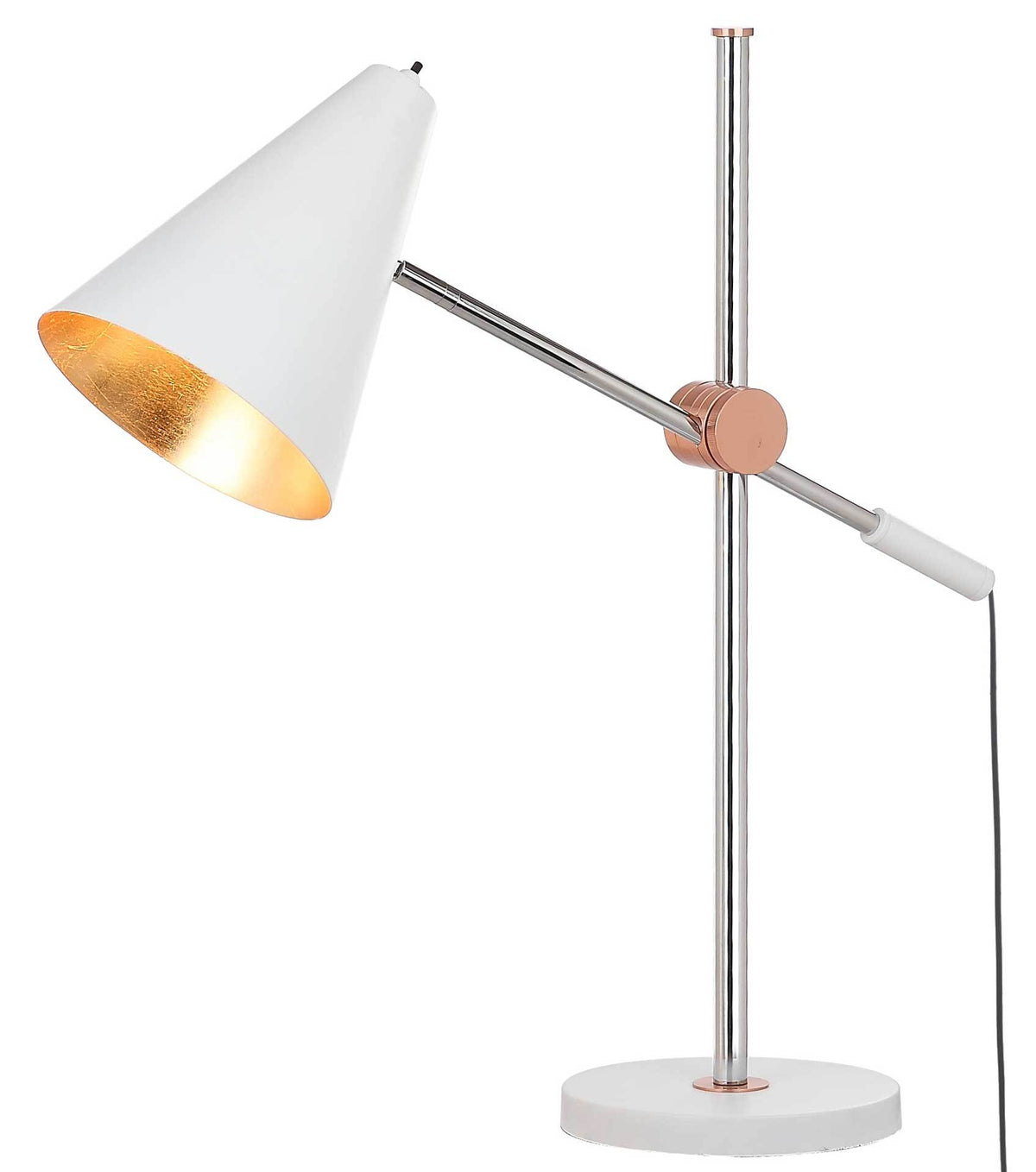 A warm glow fills the white shade's gold-tone interior above a chrome stem and round white base.