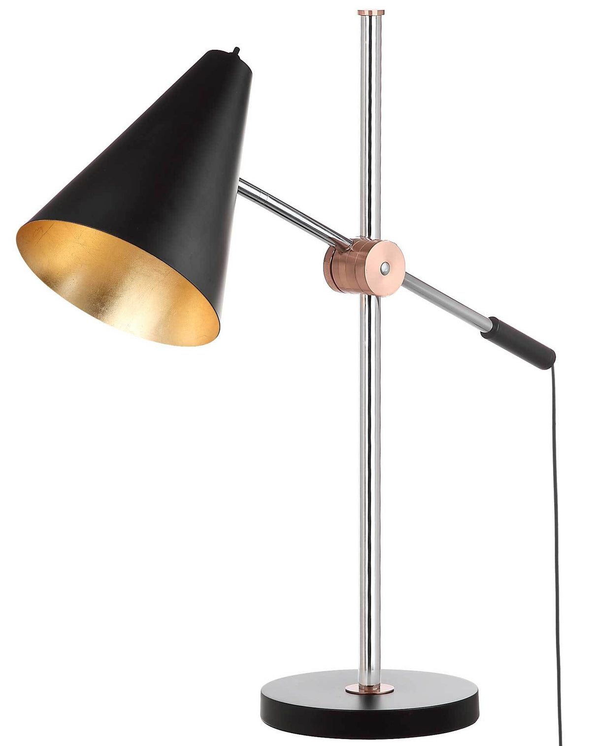 Warm light glows inside a black cone shade supported by a slender chrome stem.