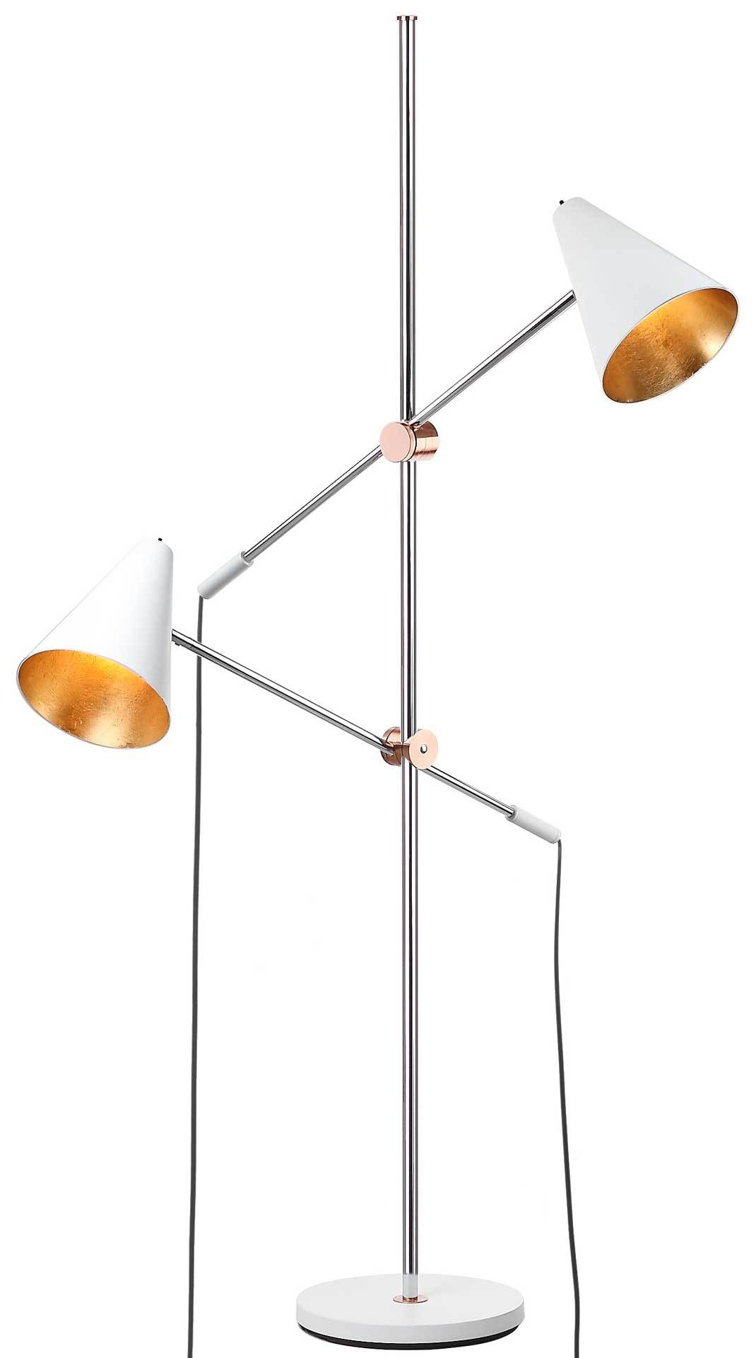 Gold-lined white shades glow on a sleek chrome floor lamp with staggered arms and a white base