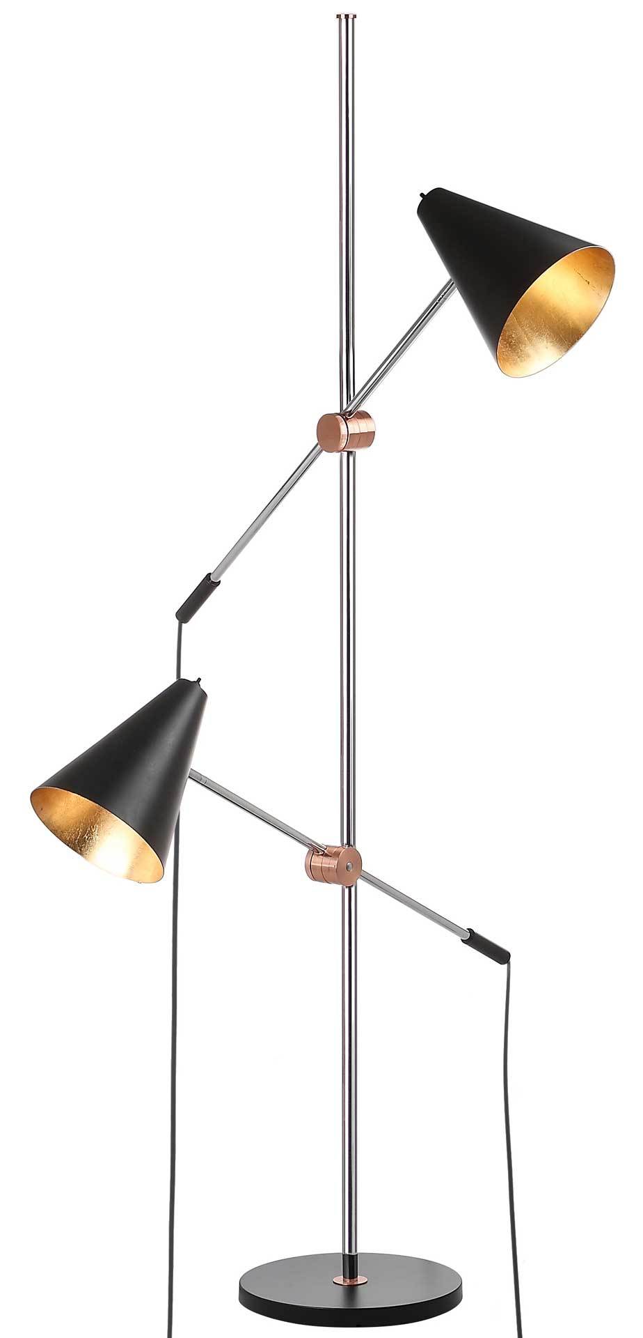 Warm light glows from two black shades on a chrome floor lamp with a round black base
