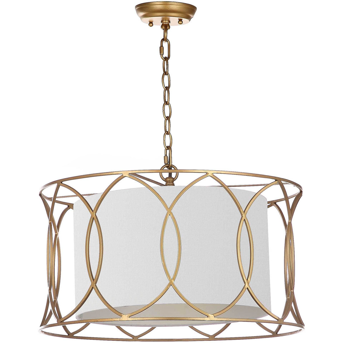 Gold pendant with an off-white fabric drum shade, open oval framework, and hanging chain || LIT4520A || front_studio