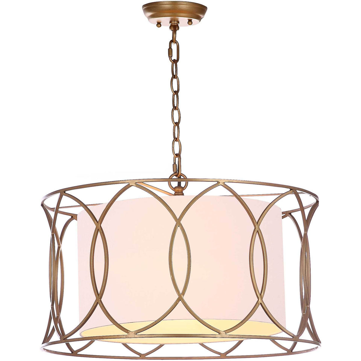 Softly glowing off-white drum shade within a sculptural gold lattice of overlapping ovals || LIT4520A || front_on_studio