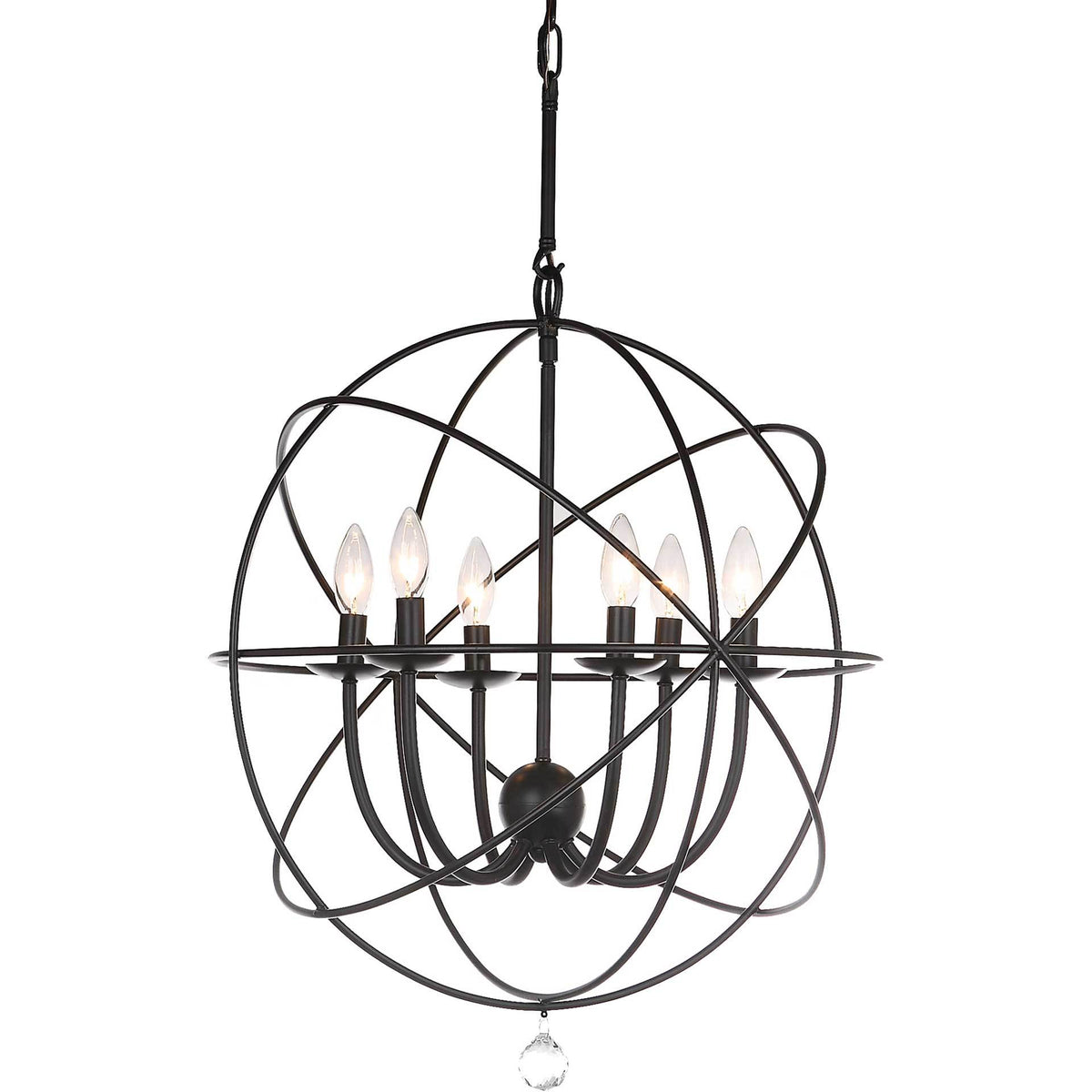 Warm candle-style lights glow inside a sweeping black iron orb with a clear drop accent