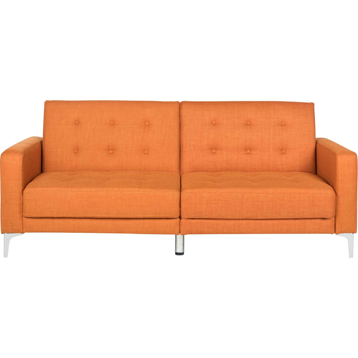 Two orange tufted backrests and matching seats rest above slim silver legs. || LVS2000A || front_studio