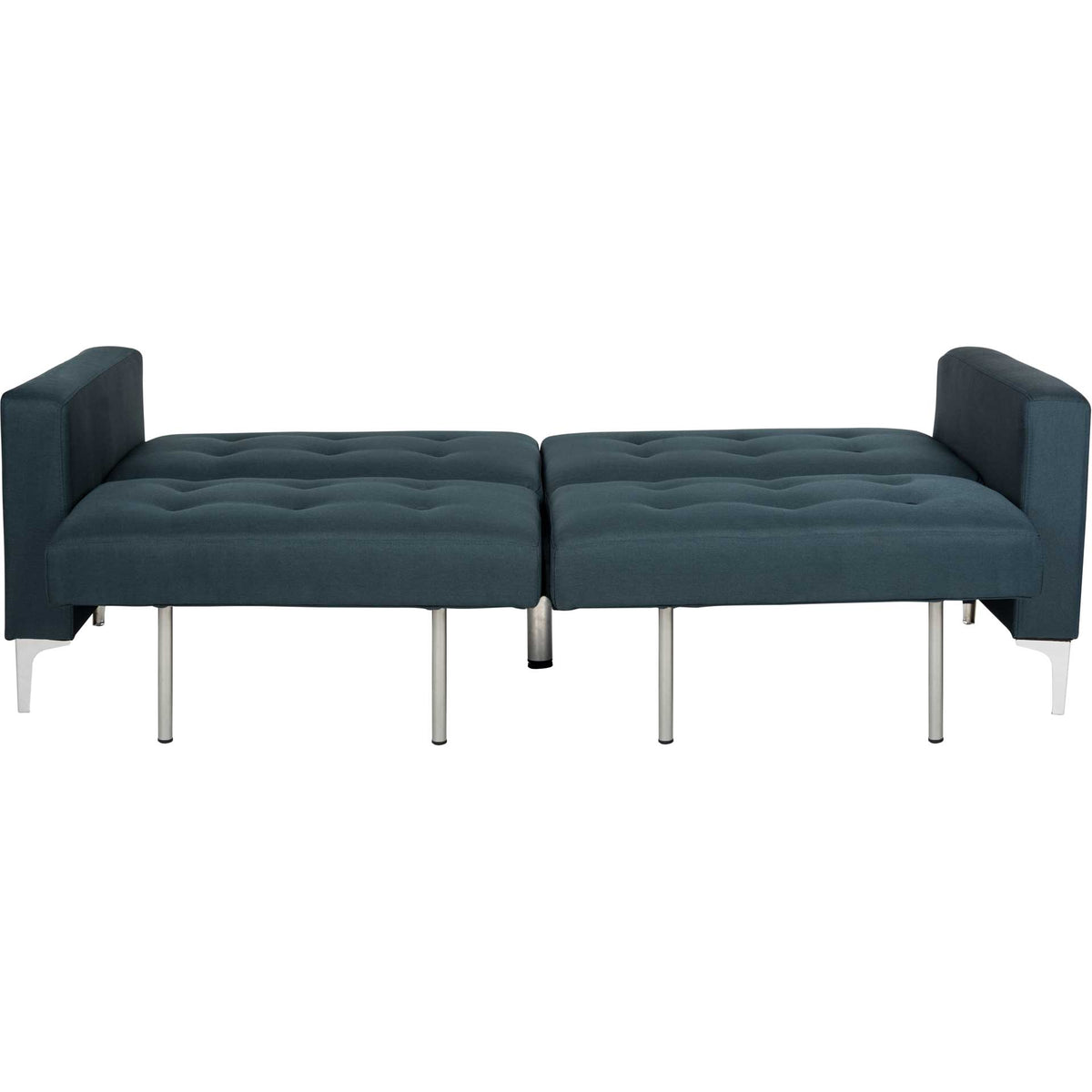 The navy sofa folds flat into a tufted bed supported by slim metal legs.