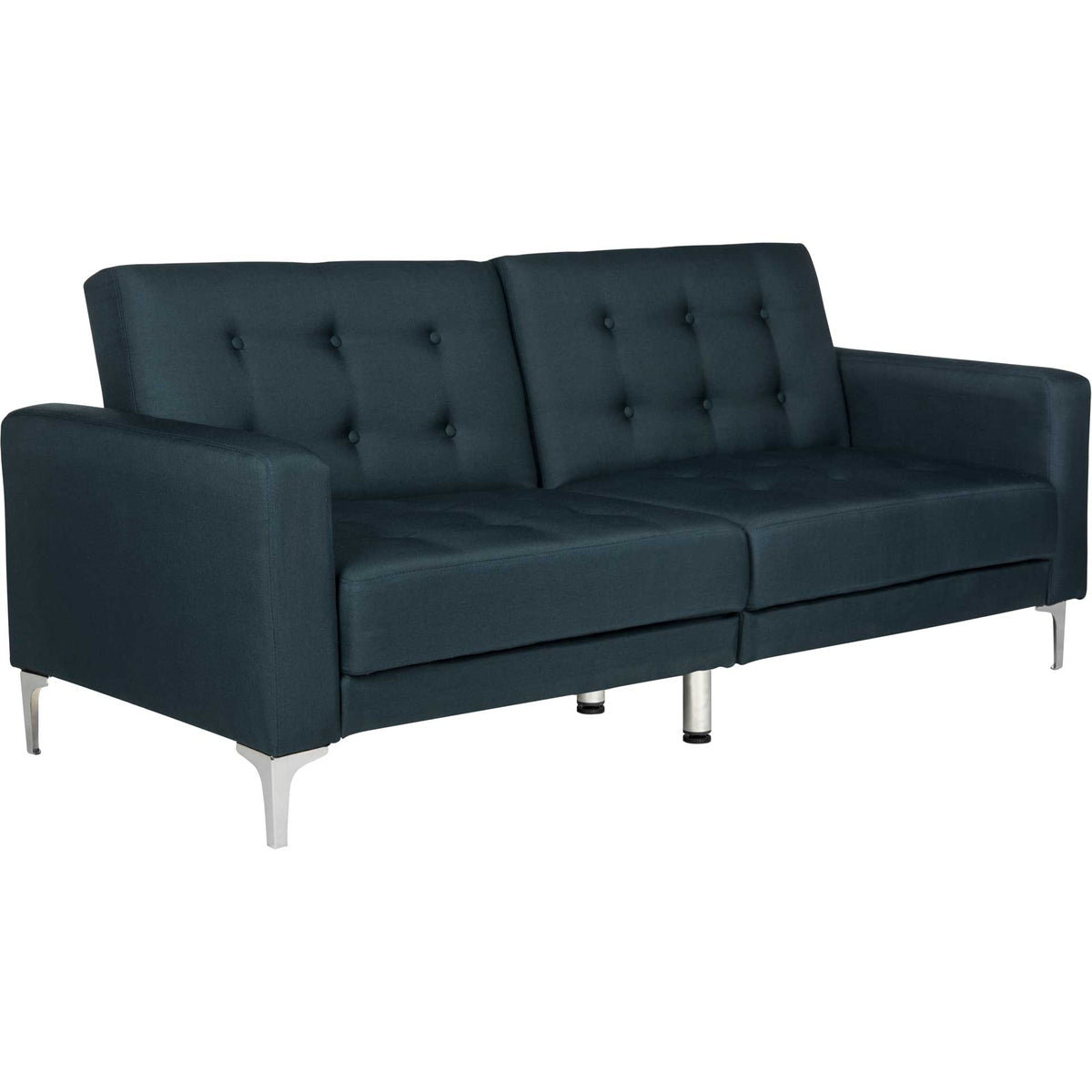 Navy button tufting, squared arms, and slim silver legs define this versatile sofa bed. || LVS2000C || front_angle_studio