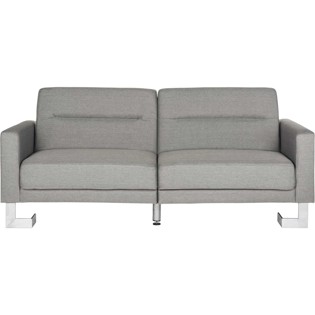 Gray two-seat sofa bed pairs split back cushions with sculptural silver-tone metal feet. || LVS2001B || front_studio