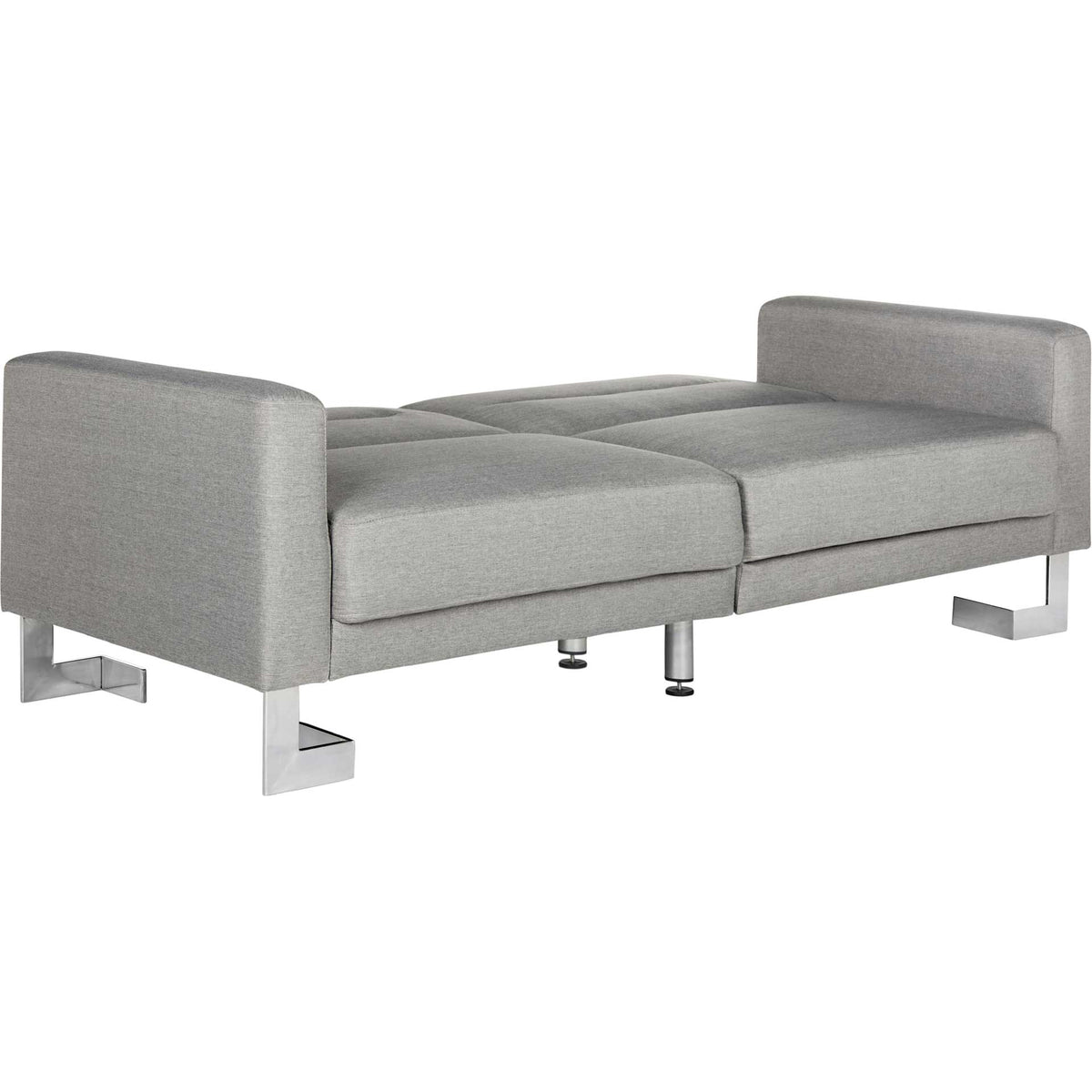 Gray cushions lie flat to create a padded sleep surface between squared arms and silver-tone feet.