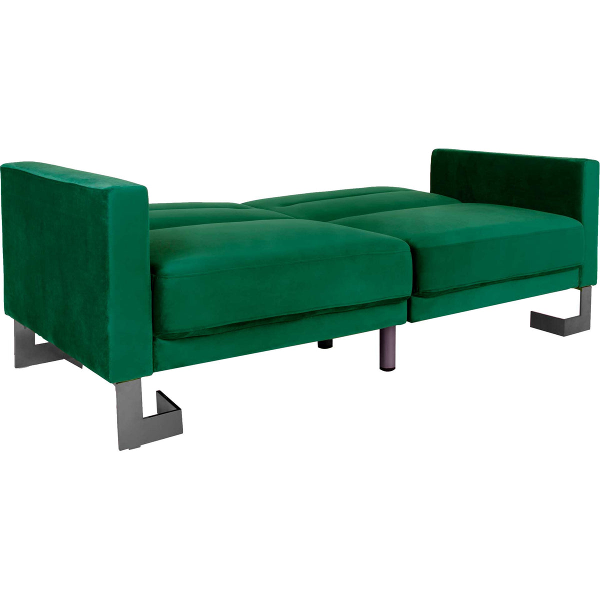 Emerald velvet cushions fold flat into a cozy sleep surface held between broad arms.