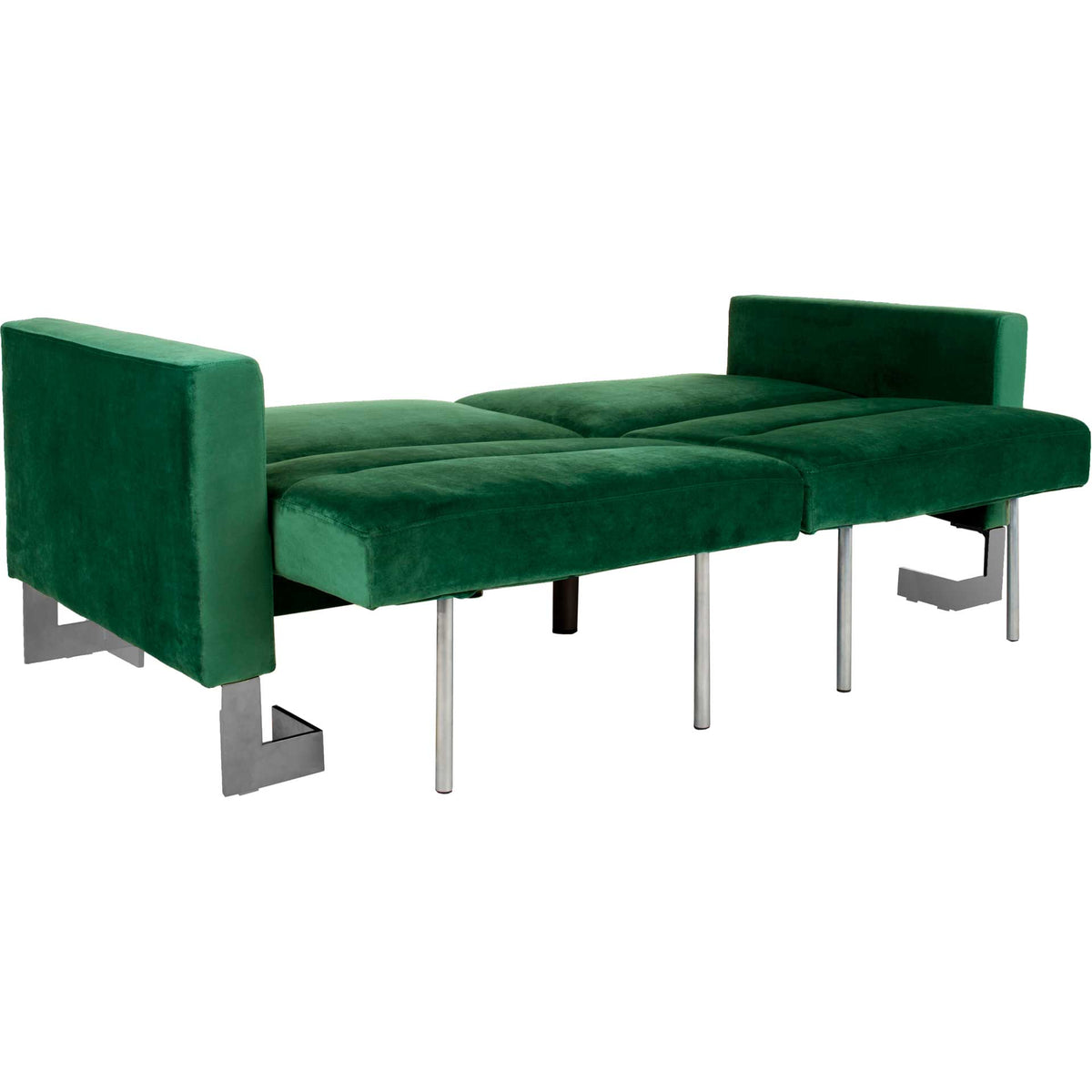 Slim metal support legs extend beneath the fully unfolded emerald velvet sleeping surface.