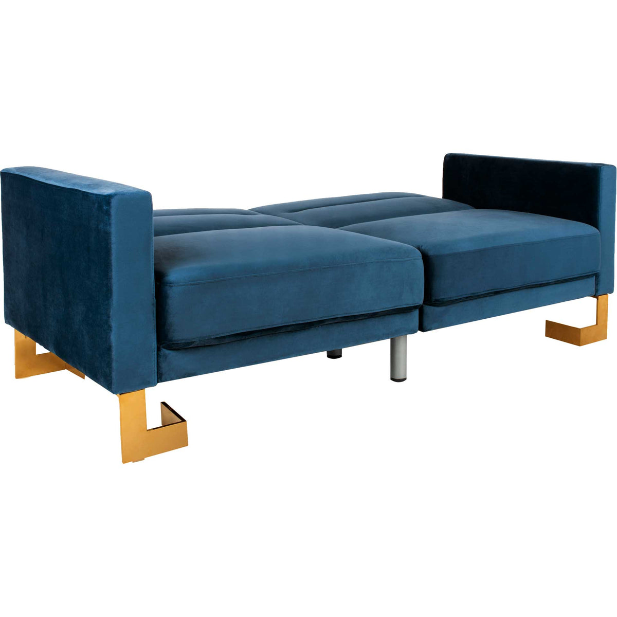 Navy velvet cushions extend into a flat lounging surface bordered by squared arms.
