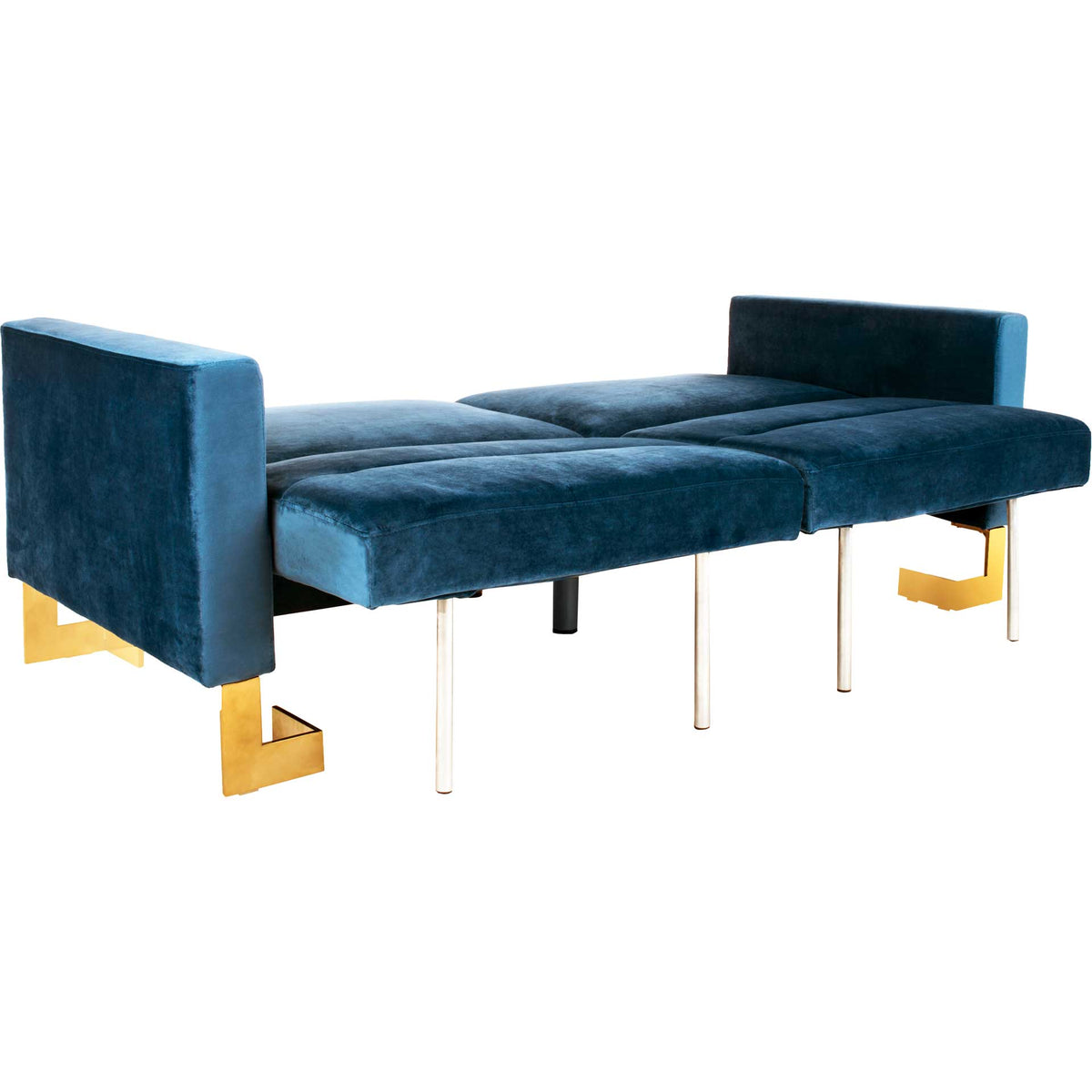 Slim support legs steady the navy velvet sofa bed when its padded sleep surface is fully extended.