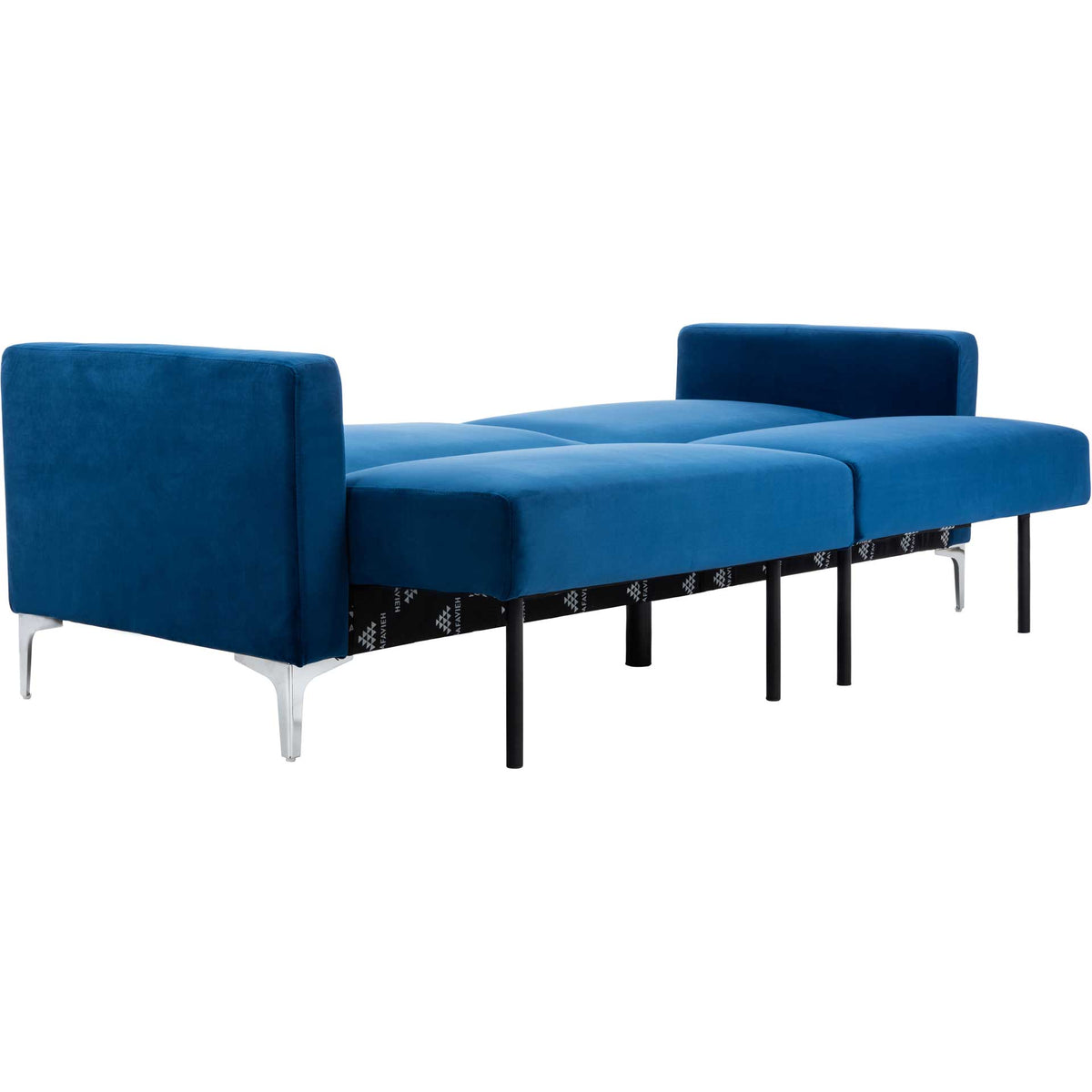 Fold-flat navy velvet panels extend between squared arms for a versatile guest bed