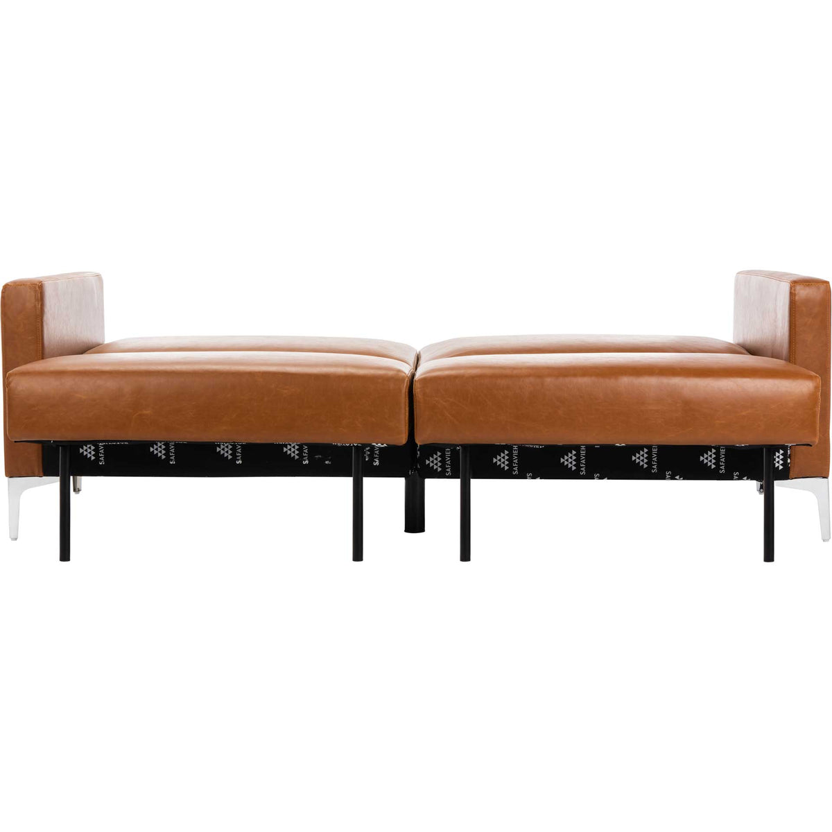 Cognac faux leather cushions fold flat into a bed supported by slender center legs