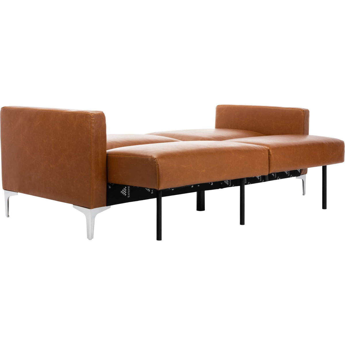 Cognac upholstered panels lie flat between squared arms to make a roomy guest bed