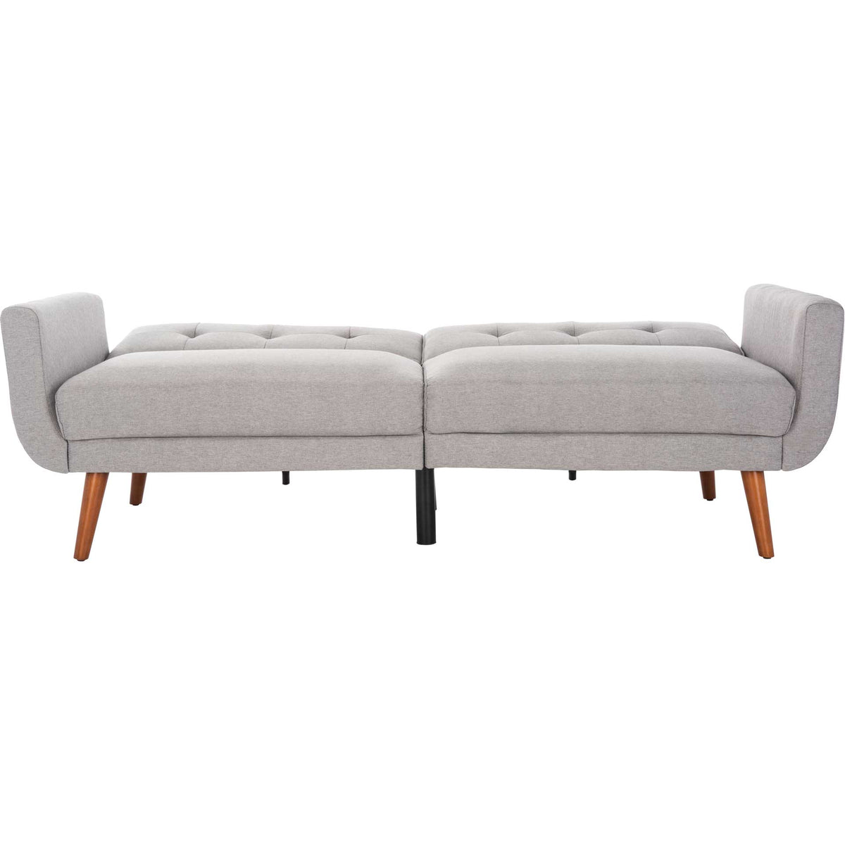 Light gray futon flattens into a wide cushioned bed with upholstered arms at each end.