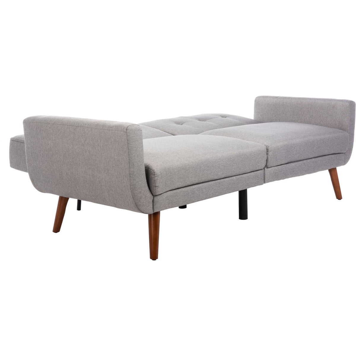 A broad light gray sleeping surface rests on warm wood legs and discreet center supports.