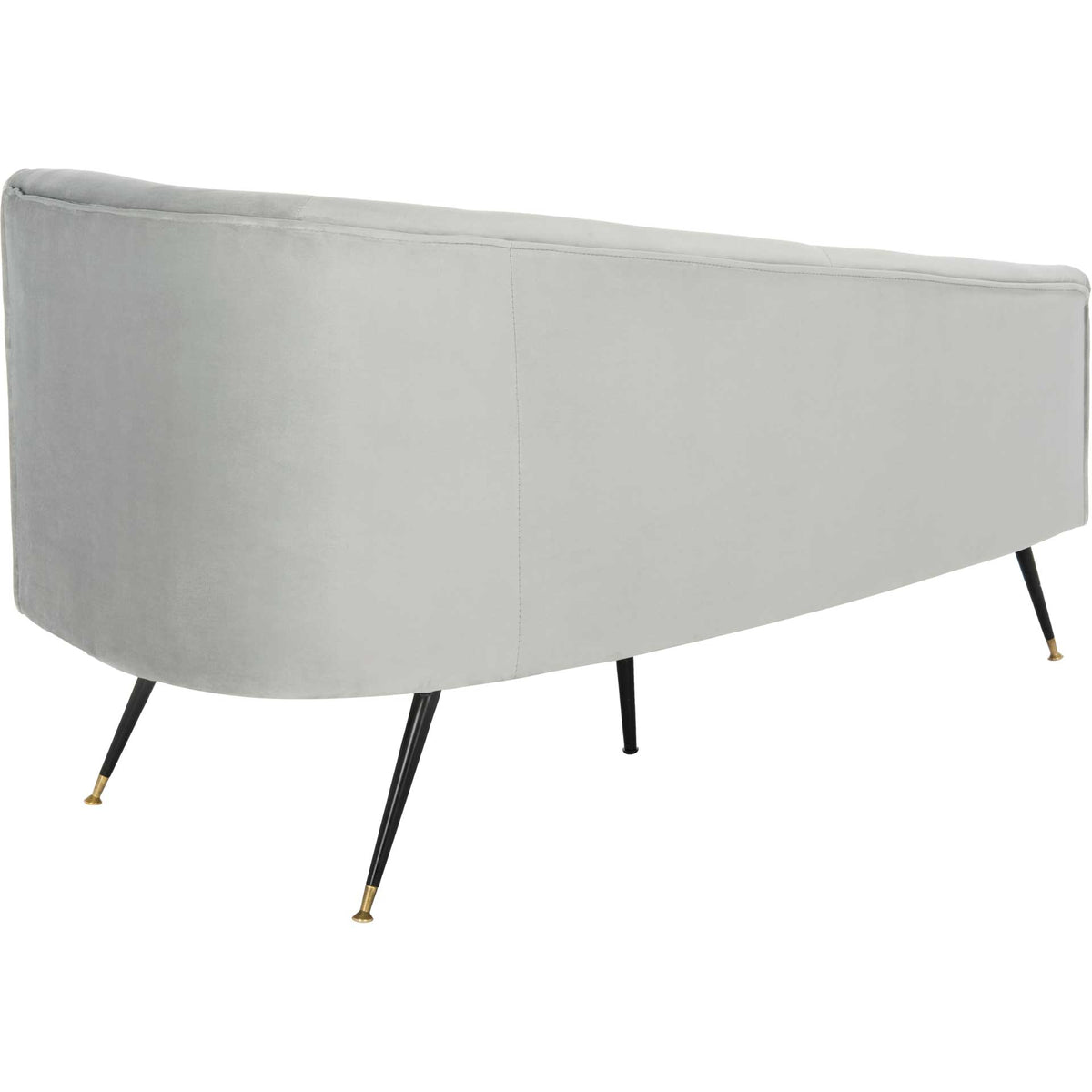 The gray velvet back curves around one end of the settee, creating a flowing silhouette