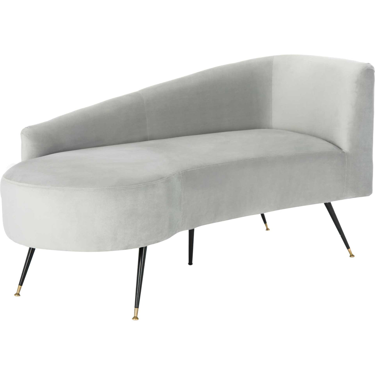 Soft gray velvet upholstery accents the settee's curved seat, rising back, and fine metal legs || LVS6300B || front_angle_studio
