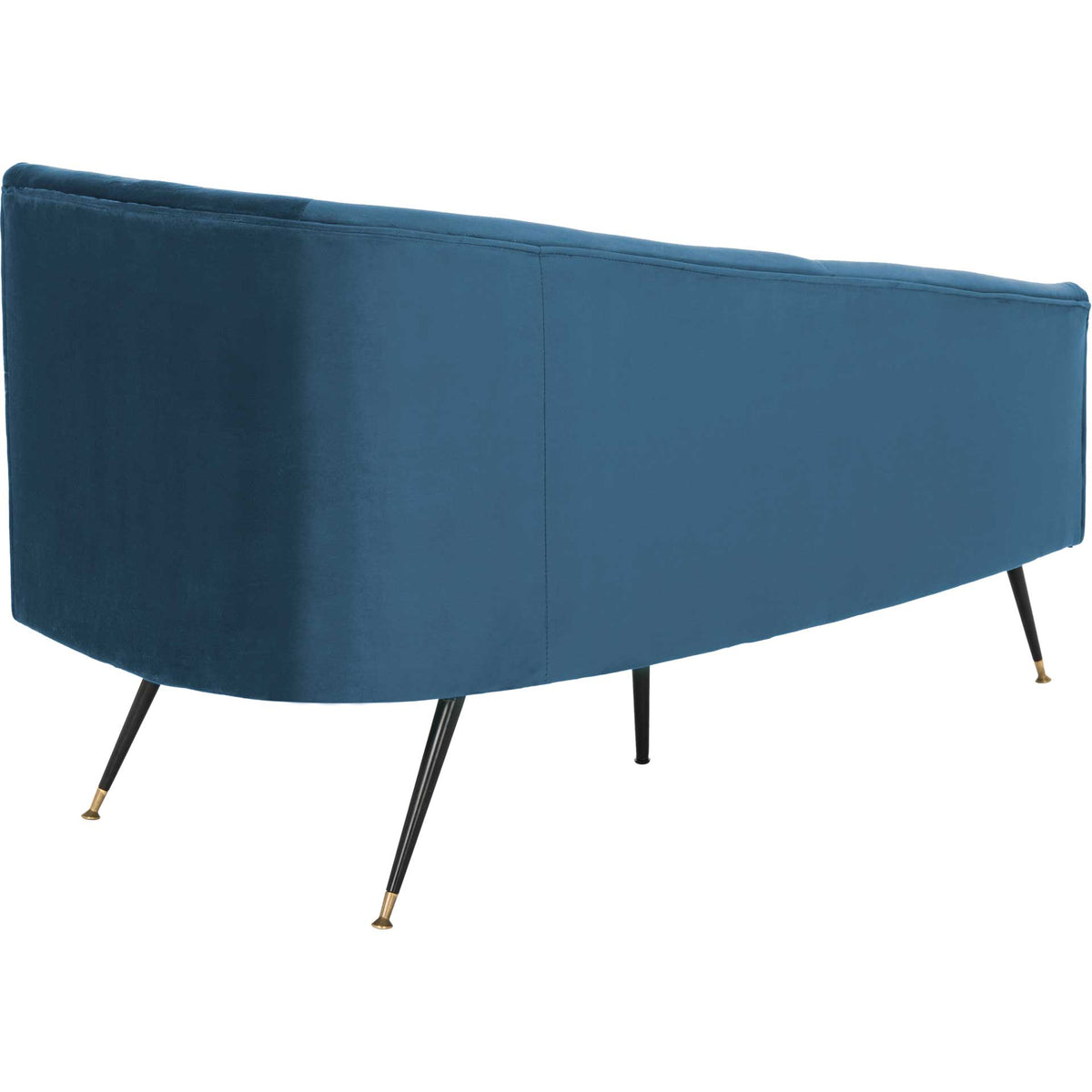 Rich navy velvet wraps the curving back above splayed black legs with gold caps