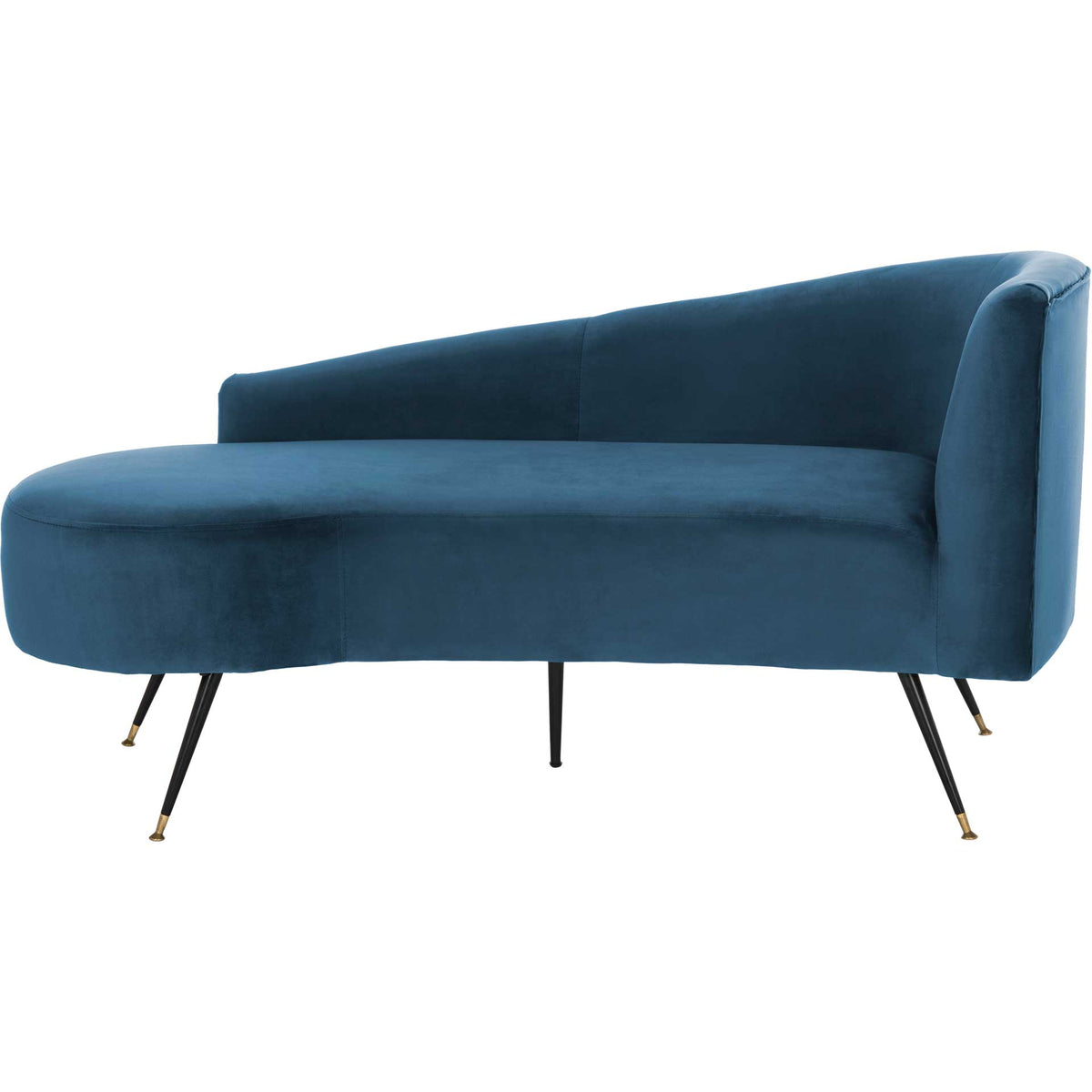 Navy velvet settee with a long rounded seat, sloping back, and gold-tipped black legs || LVS6300C || front_studio